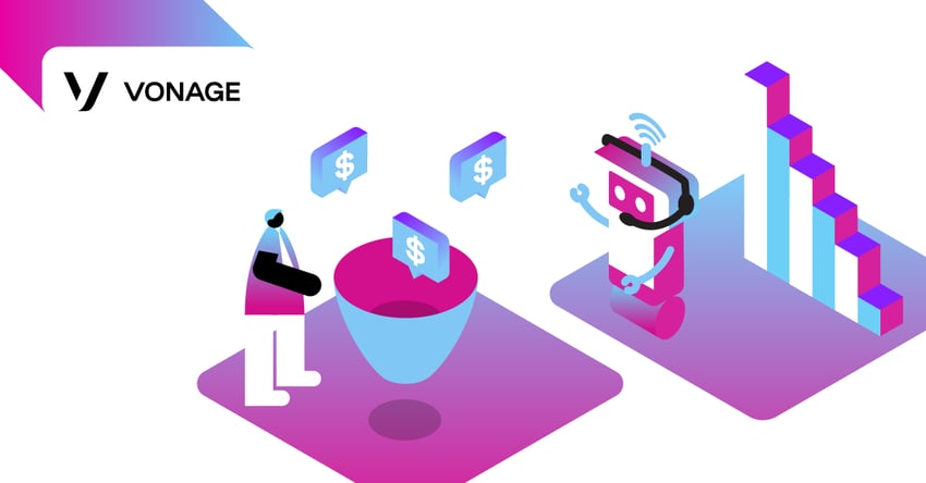 Illustration of a sales funnel with dollar signs floating around the top, representing sales. A sales rep and an AI bot are helping to feed sales into the funnel. In the background is a 3-D graphic showing increased sales.