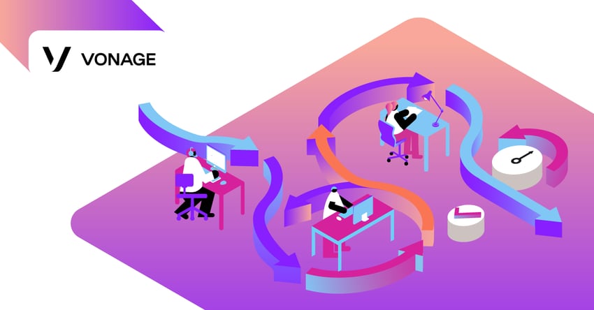 Illustration of arrows winding through a work setting. The arrows represent the flow of business processes from one step to the next.